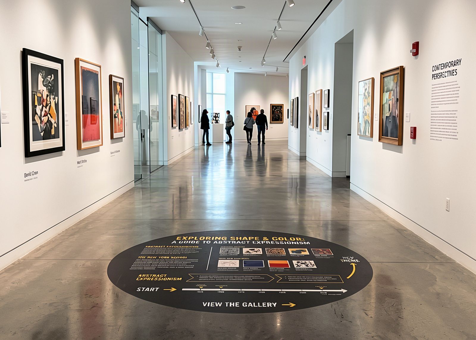 Printed floor graphic and wall didactics guiding visitors through a gallery
