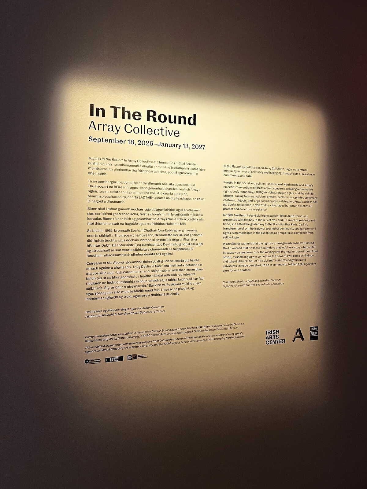 Exhibition title wall and didactic text for In The Round by Array Collective